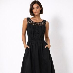 Allen B  Allen Schwartz Black Dress Size 4 Midi A-Line Pockets Lace Embroidery